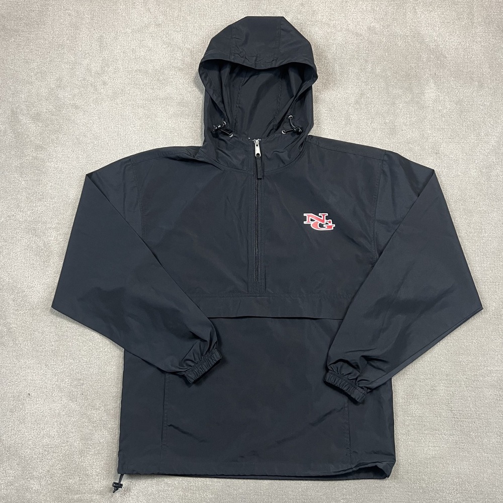 Champion Windbreaker Mens Small Black Half Zip Hooded Packable Jacket NG Logo